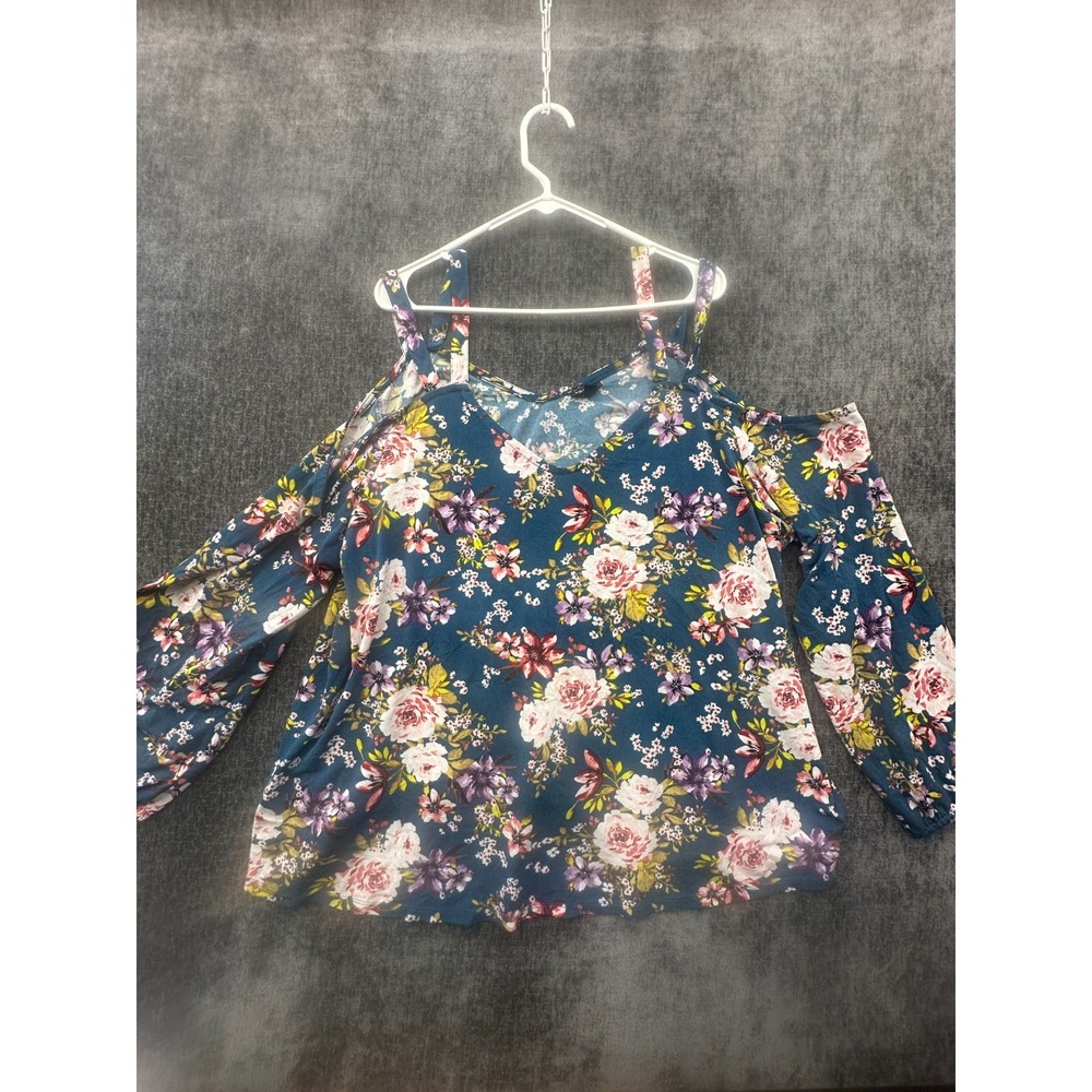 Torrid Blouse Top Womens 3 Teal Multi Floral Print‎ Crepe Cold Shoulder V Neck
